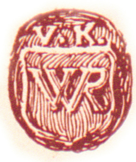 Pieczęć mieszczańska (gmerk) Walentego
Korzeczka: w tarczy monogram
z liter „W” i „R” – odcisk z wydanego
w 1564 roku dokumentu zapłaty poboru
ze wsi Białej w województwie krakowskim,
uczynionej w imieniu Bielskiego
(Biblioteka Jagiellońska, sygn. 832383 II, s. 56)