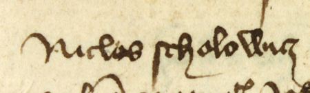 Z księgi przyjęć do prawa miejskiego w Krakowie obejmującej lata 1392–1422 strony 66–67 z wpisem z roku 1412,
potwierdzającym przyjęcie Mikołaja Szolwicza do prawa miasta Krakowa, za poręczeniem Jana Borka (nr 152)
i Jerzego Morsztyna (nr 182), których nazwiska z nieznanej przyczyny przekreślono – oraz powiększenie zapisu imienia
(Archiwum Państwowe w Krakowie, sygn. rkps 1420, s. 66–67)