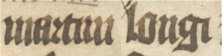 Z księgi radzieckiej Kazimierza obejmującej lata 1402–1416: fragment wpisu
dokumentującego wybór rajców na rok 1406, z Marcinem Longusem w składzie – zbliżenie zapisu imienia
(Biblioteka Jagiellońska, sygn. rkps 1045/1, k. 117)