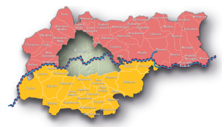 Na planie obrazującym dzisiejsze granice Krakowa miejscowości przyłączone do Krakowa po 1915 roku, oznaczone kolorami
określającymi ich przynależność państwową w latach 1772–1795: kolorem czerwonym – do państwa polskiego, kolorem
żółtym – do monarchii habsburskiej
