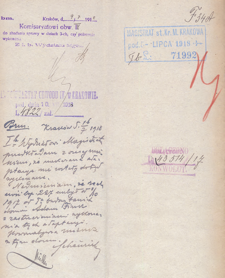 Z akt magistrackich Towarzystwo Urzędników – budowa willi przy kościele św. Salwatora
w Dzielnicy XIII 1911–1925 informacja złożona w 1918 r. przez zastępcę komisarza Leona Scheuricha
w sprawie niewykonania zaleceń pokontrolnych
(Archiwum Narodowe w Krakowie, sygn. Kr 7689, nlb)