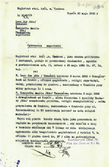 Z Akt zapowiedzi ślubów cywilnych 1914–1925 ogłoszenie zapowiedzi z 1919 r., na którym zastępca
komisarza Jerzy Stefański sygnował poświadczenie, że ogłoszenie wywieszono na tablicy urzędowej
(Archiwum Narodowe w Krakowie, sygn. Kr 2468, s. 915)
