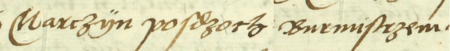 Z kleparskiej księgi radzieckiej obejmującej sprawy sądowe z lat 1554–1558: fragment wpisu z 1555 roku
dokumentującego działanie Marcina Poździocha w roli burmistrza miasta – zbliżenie zapisu imienia i funkcji
(Archiwum Narodowe w Krakowie, sygn. KL 25, s. 39)