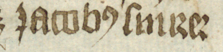 Z księgi radzieckiej Kazimierza obejmującej lata 1416–1433: fragment wpisu dokumentującego wybór rajców na rok 1432,
z Jakubem Smirerem w składzie – zbliżenie zapisu imienia (Biblioteka Jagiellońska, sygn. rkps 1045/2, k. 227)
