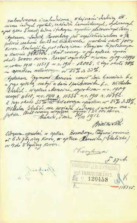 Z akt magistrackich Koncesja aptekarska Korytowski Zygmunt 1912–1916 dokument pochodzący
z roku 1912 – negatywna opinia komisarza Mieczysława Białkowskiego w odniesieniu do propozycji
utworzenia nowej apteki przy ul. Starowiślnej lub ul. Dajwór
(Archiwum Narodowe w Krakowie, sygn. Kr 7820, nlb)