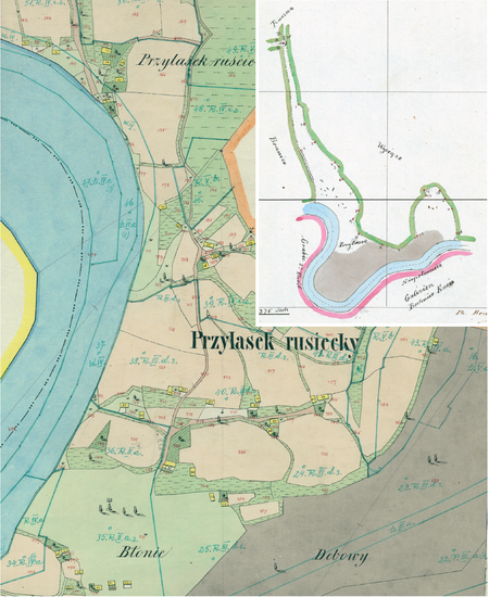 Centrum Przylasku Rusieckiego na mapie katastralnej sporządzonej dla gminy katastralnej Przylasek Rusiecki w 1850 roku oraz pochodzący
z 1847 roku plan sytuacyjny z wyrysowanymi granicami gminy Przylasek Rusiecki i lokalizacją gmin sąsiadujących
(Archiwum Narodowe w Krakowie, sygn. K. Krak. 493 III; sygn. WM 563a, nlb.)