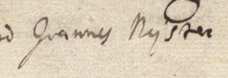 Z Liber inscriptionum… klasztoru oo. Augustianów w Kazimierzu: fragment dokonanego w roku 1681 wpisu przywołującego
wydany w 1437 roku dokument, w którym rajcowie kazimierscy, wśród nich Jan Nyszar, stwierdzili, że Wawrzyniec
rybak zwany Śmiech odstąpił ogród z domem rajcy Przecławowi (nr 107) – oraz zbliżenie zapisu imienia
(Biblioteka Naukowa PAU/PAN, sygn. rkps 1676, s. 307v)