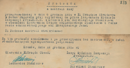 Z akt magistrackich fragmenty początkowy i końcowy protokołu z kontroli kasy
przeprowadzonej w 1950 r. przy udziale kierownika Stanisława Lechowicza
(Archiwum Narodowe w Krakowie, sygn. 29-701-795, nlb)