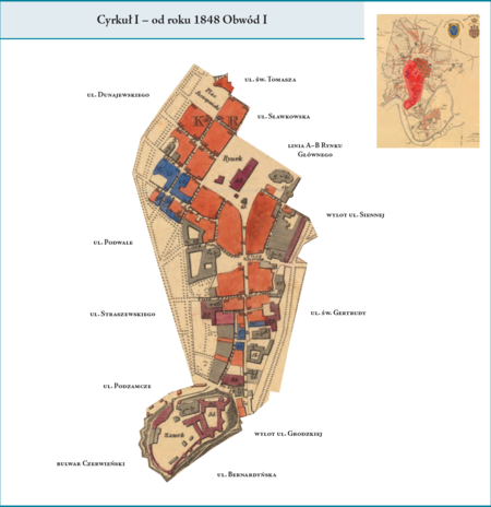 Cyrkuł I (od 1848 r. Obwód I) według stanu z końca roku 1838 na przywołanym wcześniej planie miasta z 1836 r. –
dzielnica administracyjna w obrębie byłych murów miejskich (Plant), jednakże bez części północnej i północno-wschodniej
tego obszaru. Jednak położenie w obrębie tego cyrkułu–obwodu: Rynku Głównego, królewskiej arterii w postaci ul. Grodzkiej
oraz Zamku na wzgórzu wawelskim, czyniło z niego dzielnicę centralną. Utworzona została z połączenia trzech dawnych
gmin miejskich Rzeczypospolitej Krakowskiej, tj. Gminy I, Gminy II oraz Gminy III (por. rozdział poprzedni). Użyte przy
powyższym planie dzielnicy nazwy terenowe podano według nazewnictwa obowiązującego aktualnie.