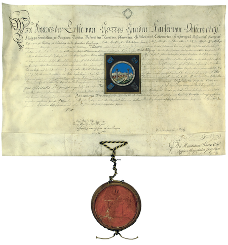 Dokument wydany w 1808 roku w Wiedniu, mocą którego cesarz Franciszek I nadał miastu Podgórze nowy herb, opisując i ukazując jego wizerunek.
Herb w swojej treści zawiera alegoryczne przesłanie związane z legendą słupów Herkulesa, w otoku napis: * SIGLLUM REGIAE LIBERAE
* QUE CIVITATIS PODGORZE * – PIECZĘĆ KRÓLEWSKIEGO WOLNEGO MIASTA PODGÓRZA – oraz zbliżenie
wizerunku herbu zamieszczone na następnej stronie (Archiwum Narodowe w Krakowie, sygn. perg. 1093)