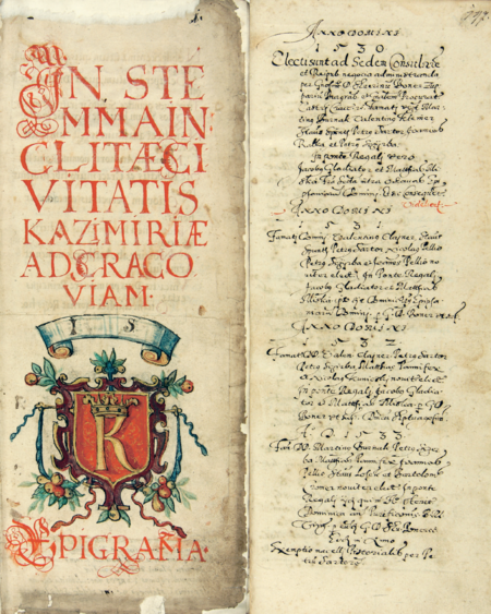 Z księgi miejskiej Kazimierza zawierającej indeks rzeczowy do kazimierskich ksiąg radzieckich z lat 1530–1603:
strona tytułowa z herbem miasta oraz strona otwierająca spis rajców urzędujących i starych w tychże latach
(Archiwum Narodowe w Krakowie, sygn. K 176, s. 1, 197)