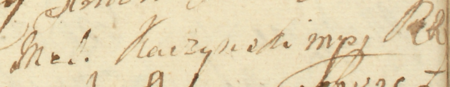 Z księgi protokołów obrad magistratu i pospólstwa Kleparza z lat 1618–1785: fragment protokołu z 1759 roku z podpisami
rajców, w tym Melchiora Kaczyńskiego, ławników i przedstawicieli pospólstwa pod uchwałą dotyczącą dodatkowego podatku
dla zaspokojenia długów miasta – zbliżenie podpisu wraz z inicjałem „RK” oznaczającym urząd rajcy kleparskiego
(Archiwum Narodowe w Krakowie, sygn. KL 115, s. 86)