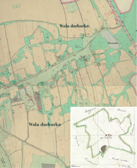 Centrum Woli Duchackiej na mapie katastralnej sporządzonej dla gminy katastralnej Wola Duchacka w 1847 roku oraz
pochodzący z 1847 roku plan sytuacyjny z wyrysowanymi granicami tej gminy i lokalizacją gmin sąsiadujących
(Archiwum Narodowe w Krakowie, sygn. K. Krak. 677 II, IV; sygn. K. Krak. op. 117, s. 1)