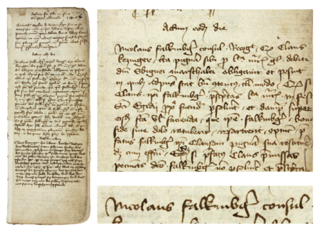 Z księgi radzieckiej obejmującej lata 1392–1411 strona 245 z wpisem z 1406 roku, zawierającym oświadczenie rajcy
Mikołaja Falkenberga, dokonane przed radą miejską, w sprawie spłaty przez Klausa Kezingera (nr 168) kwoty zastawnej –
oraz powiększenie zapisu imienia i urzędu rajcy (Archiwum Państwowe w Krakowie, rkps 427, s. 245)