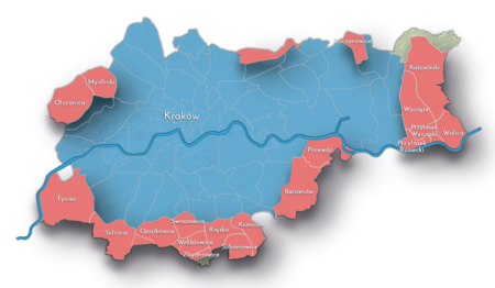 Etap III:
poszerzenie granic w 1973 roku
Na planie obrazującym dzisiejsze granice Krakowa powierzchnia miasta do roku 1973 (kolor niebieski) oraz tereny przyłączone do miasta tymże
roku (kolor czerwony). Przyłączone tereny to wsie lub ich części: Kosocice z Baryczą; Soboniowice; Rajsko; Wróblowice; Swoszowice; Opatkowice;
Sidzina; Tyniec z Podgórkami; Olszanica; Mydlniki; Łuczanowice; Kościelniki; Wolica z Rogowem; Przylasek Wyciąski; Wyciąże; Przylasek
Rusiecki; Przewóz; Bieżanów (część Bieżanowa włączono do Krakowa już wcześniej, w 1941 roku). Włączono do miasta również część północną
Zbydniowic (jej południową część, zatem resztę wsi, przyłączono do miasta w 1986 roku). Do Krakowa przyłączono wówczas także części Batowic,
Libertowa i Lusiny, ale nie wcielono ich w całości i gminy te funkcjonują do dziś jako samodzielne w okrojonym w 1973 roku rozmiarze (na planie
uwzględniono te częściowe przyłączenia, jednak bez nazw wsi, które pozostały poza granicami miasta, zachowując swoją odrębność).