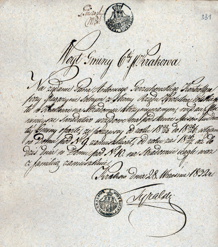 Ze zbioru zaświadczeń szkolnych i metryk uczniów dokument wystawiony
w 1832 r. przez wójta Andrzeja Tyralskiego
(Archiwum Narodowe w Krakowie, sygn. 29-482-205, s. 331)