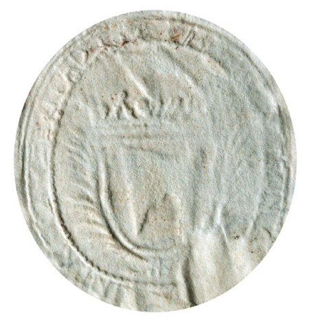 Pieczęć opłatkowa z dokumentu wystawionego w 1775 roku przez urząd wójtowsko-ławniczy jurydyki Retoryka;
używano wówczas pieczęci właściciela jurydyki, która pozostawała w rękach rodziny Ossolińskich
z Tęczyna herbu Topór (Archiwum Narodowe w Krakowie, sygn. Jur. VII-5, s. 10)