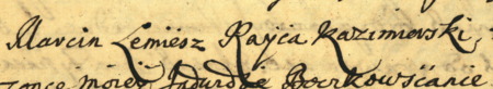 Z fascykułu zawierającego testamenty z lat 1592–1785: początkowy fragment testamentu
rajcy Marcina Lemiesza, sporządzonego w 1673 roku – oraz zbliżenie zapisu imienia i urzędu
(Archiwum Narodowe w Krakowie, sygn. K 444, s. 161)
