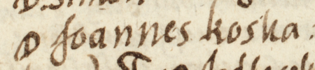 Z księgi radzieckiej Kleparza obejmującej lata 1573–1578: fragment wpisu z 1578 roku dokumentującego
wybór rady urzędującej, z rajcą-burmistrzem Janem Koską w składzie – oraz zbliżenie zapisu imienia
(Archiwum Narodowe w Krakowie, sygn. KL 28, s. 865)
