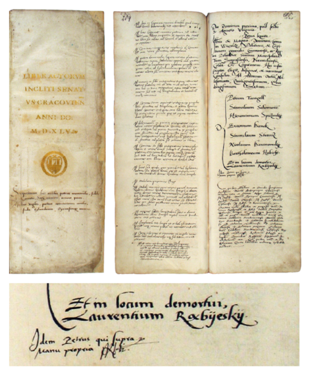 Z księgi radzieckiej obejmującej wpisy z lat 1545–1547 strona tytułowa i strony 264–265 z listą wybranych na rok 1546
rajców urzędujących, wśród których znajduje się po raz pierwszy wybrany do rady Wawrzyniec Rambieski –
oraz powiększenie zapisu imienia (Archiwum Państwowe w Krakowie, sygn. rkps 440, s. 1, 264–265)
