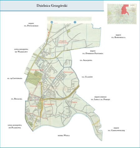 Dzielnica Grzegórzki według stanu z roku 1958 na przywołanym wcześniej planie miasta z roku 1964 r. – dzielnica obejmująca
dawne jednostki (dzielnice) katastralne (w całości lub w ich przeważającej części): Prądnik Czerwony, Warszawskie, Rakowice,
Olsza, Wesoła, Grzegórzki i Dąbie. Użyte przy powyższym planie nazwy terenowe podano według nazewnictwa obowiązującego
aktualnie. Opis przebiegu granic tej dzielnicy podano na s. 696.