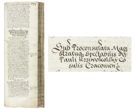 Z księgi radzieckiej obejmującej lata 1575–1580 strona 899 z nagłówkiem otwierającym wpisy spraw prowadzonych
za kadencji burmistrzowskiej Pawła Krzywokolskiego w 1579 roku – oraz powiększenie zapisu imienia i funkcji burmistrza
(Archiwum Państwowe w Krakowie, sygn. rkps 447, s. 899)