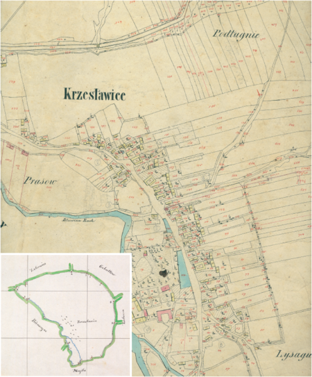 Fragment centrum Krzesławic na mapie katastralnej sporządzonej dla gminy katastralnej Krzesławice w 1850 roku oraz
pochodzący z lat 1847–1848 plan sytuacyjny z wyrysowanymi granicami gminy Krzesławice i lokalizacją gmin sąsiadujących
(Archiwum Narodowe w Krakowie, sygn. K. Krak. 292 III; sygn. WM 562, s. 1749)