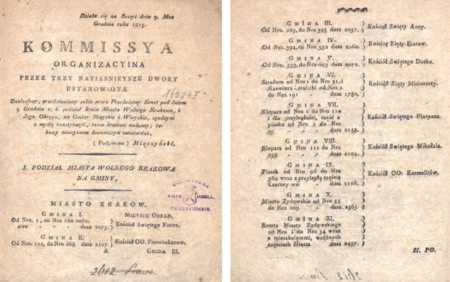 Publikacja dokonanego przez Komisję Organizacyjną Wolnego Miasta Krakowa 9 grudnia 1815 r. zatwierdzenia pochodzącej
z tego samego dnia regulacji Senatu Rządzącego Wolnego Miasta Krakowa w przedmiocie podziału kraju Miasta Wolnego Krakowa
i Jego Okręgu na gminy miejskie i wiejskie. Podział ten wszedł w życie z dniem 1 sierpnia 1816 r. Wymienione w prawej
kolumnie nazwy krakowskich kościołów to miejsca posiedzeń zgromadzeń gminnych złożonych z obywateli-posesjonatów, zwoływanych
dla wyboru wójta i przedstawicieli gminy do władz Wolnego Miasta. Natomiast bieżąca działalność wójta gminy prowadzona
była z jego kancelarii, każdorazowo lokalizowanej w obiektach miejskich lub najmowanych od prywatnch właścicieli
(Biblioteka Jagiellońska, sygn. 16084 I)