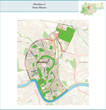 Dzielnica I Stare Miasto według stanu z 2017 r. na przywołanym wcześniej planie miasta z tego samego roku – dzielnica samorządowa
o powierzchni 5,57 km² (udział 1,7% w całej powierzchni miasta), położona na terenach historycznych jednostek katastralnych: Śródmieście
(w obrębie Plant), Wawel, Nowy Świat, Piasek, Kleparz, Stradom i Kazimierz, po części także Wesoła i Warszawskie, fragmentami
Krowodrza (vide plan na s. 239). Opis przebiegu granic tej dzielnicy podano na następnej stronie.