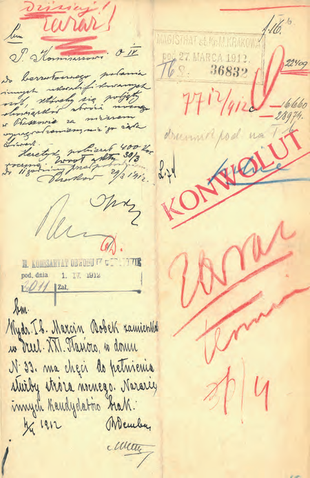 Z akt magistrackich Stróże nocni w dzielnicach przyłączonych 1910–1921
dokument pochodzący z roku 1912, w którym zastępca komisarza Bolesław
Dembowski przedstawia kandydata do służby stróża nocnego w Płaszowie
(Archiwum Narodowe w Krakowie, sygn. Kr 6800, nlb)