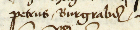 Z księgi ławniczej obejmującej lata 1459–1476 fragment strony 522 z wpisem z 1473 roku dotyczącym posiedzenia sądu
wielkiego, podczas którego przewodnictwo w ławie sądowej objął Piotr – oraz powiększenie zapisu imienia i burgrabiowskiej
funkcji właściwej rajcy zasiadającemu podczas sądu wielkiego (Archiwum Państwowe w Krakowie, sygn. rkps 8, s. 522)