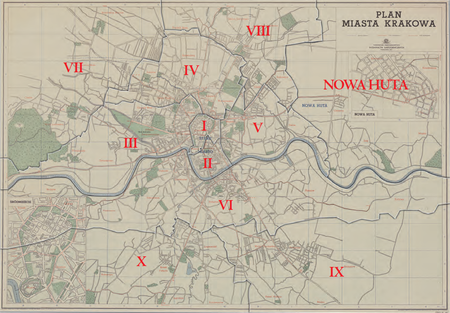 Podział Krakowa na 10 obwodów i 1 dzielnicę według stanu z roku 1951, po włączeniu do Krakowa wschodnich
terenów, gdzie utworzono Nową Hutę – na Planie Miasta Krakowa z 1957 r. Podstawa rysunku granic
obwodów i dzielnicy: vide s. 198
(Biblioteka Jagiellońska, sygn. M 41/42)