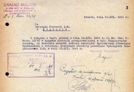 Z magistrackich Akt kontroli miejskich urzędów obwodowych w Krakowie 1946–1950
sporządzony w 1948 r. przez kierownika Bolesława Majera raport z wykonania zaleceń pokontrolnych
(Archiwum Narodowe w Krakowie, sygn. 29-699-683, nlb)