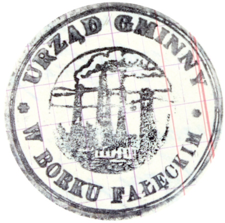 (1930)
Odciski pieczęci urzędowych Borku Fałęckiego
z lat 1868, 1925, 1930 i 1937
(Archiwum Narodowe w Krakowie,
sygn. 29/1078/2, s. 11, 117, 203;
sygn. 29/286/44, s. 26)