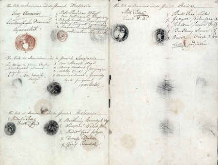 Z operatu pomiarowego do katastru gruntowego fragment sporządzonego w 1848 roku protokołu ustalenia granic między
Rajskiem, Wróblowicami, Swoszowicami i Kurdwanowem – podpisy i pieczęcie reprezentantów dominiów i gromad
(Archiwum Narodowe w Krakowie, sygn. K. Krak. op. 147, s. 22–23)