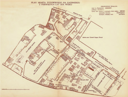 Plan miasta żydowskiego na Kazimierzu z pierwszych lat XIX wieku – zatem obrazujący siedlisko Żydów krakowsko-kazimierskich w ostatnich latach samodzielności
miejskiej Kazimierza oraz samodzielności gminy żydowskiej w dotychczasowym jej kształcie (stan już pod zaborem austriackim, stąd nazewnictwo
polskie i niemieckie). W prawej górnej części planu przy murze oddzielającym od miasta żydowskiego tereny zakonu kanoników laterańskich i kościoła Bożego
Ciała, bryła kościoła przy ul. Bożego Ciała już poza rysunkiem, w lewej części planu zachowany do dzisiejszych czasów układ urbanistyczny z ul. Szeroką,
synagogą Starą i dwoma cmentarzami izraelickimi (Bałaban 1931-II, s. 1).
