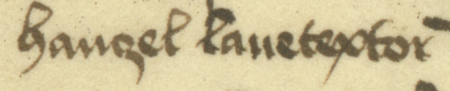 Fragment dokumentu wydanego w 1454 roku w Kazimierzu, w którym rajcowie, z Hanzelem wełniarzem w składzie,
potwierdzili, że Andrzej Garbek sprzedał Piotrowi Czarnemu starszemu (nr 99) i jego żonie Małgorzacie ogród na Blechu
pod warunkiem, że nowy właściciel będzie płacił czynsz roczny w wysokości 1 grzywny na rzecz rady miejskiej, a 1 grzywnę
kościołowi św. Stanisława na Skałce; ponadto rajcy dodali wówczas Piotrowi kawałek zarośli nad Wisłą, w sąsiedztwie kupionego
ogrodu – oraz zbliżenie zapisu imienia (Archiwum Narodowe w Krakowie, sygn. perg. 248)