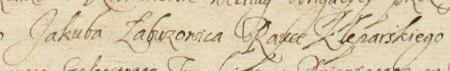 Z akt sądowych wielkorządcy krakowskiego obejmujących lata 1623–1645: fragment wpisu z 1639 roku
dokumentującego sprawę zwrotu długu zabezpieczonego zastawem przez Jakuba Łabuzowica, rajcę kleparskiego –
zbliżenie zapisu imienia i urzędu (Archiwum Narodowe w Krakowie, sygn. Teut. 71, s. 1292)