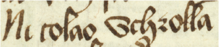 Z księgi ławniczej Kazimierza obejmującej lata 1461–1484: fragment wpisu z 1486 roku dokumentującego sesję sądową ławy
miejskiej pod przewodnictwem Stanisława Wycisły (nr 135) w roli burgrabiego i z udziałem wójta Mikołaja Schrolla, na tej sesji
sądowej używającego tytułu sołtysa – oraz zbliżenie zapisu imienia (Archiwum Narodowe w Krakowie, sygn. K 377, s. 139)