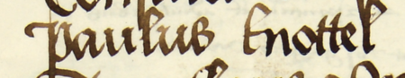 Z księgi radzieckiej Kazimierza obejmującej lata 1481–1508: fragment wpisu dokumentującego
wybór rady urzędującej na rok 1483, z Pawłem Knotelem w składzie – oraz zbliżenie zapisu imienia
(Archiwum Narodowe w Krakowie, sygn. K 7, s. 57)