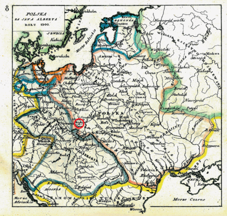 Mapa nr 8
Terytorium ziemi krakowskiej na mapie przedstawiającej państwo polsko-litewskie u schyłku XV wieku
(państwo dualne od unii w Krewie w 1384 roku)