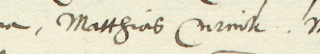 Z akt sądowych wielkorządcy krakowskiego obejmujących lata 1549–1553: początkowy fragment wpisu z 1551 roku
dokumentującego sprawę z udziałem rajców kleparskich, z Maciejem Kruznikiem w składzie – oraz zbliżenie zapisu imienia
(Archiwum Narodowe w Krakowie, sygn. Teut. 61, s. 111)