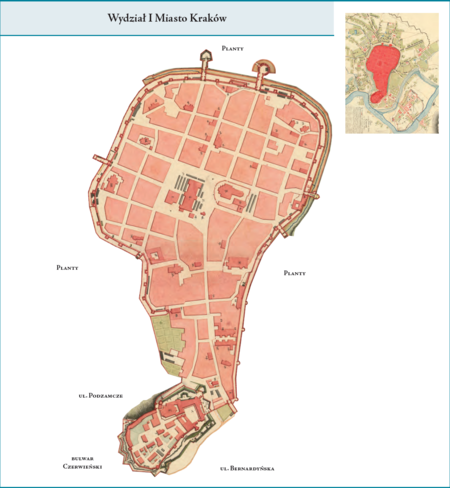 Wydział I Miasto Kraków według stanu z roku 1794 na przywołanym wcześniej planie miasta z 1794 r. Obejmował on
tzw. „miasto w obrębie murów”, to jest w granicach dzisiejszych Plant (ściślej: linii dawnych murów), wraz ze wzgórzem wawelskim
i Zamkiem. Użyte przy powyższym planie dzielnicy nazwy terenowe podano według nazewnictwa obowiązującego aktualnie.