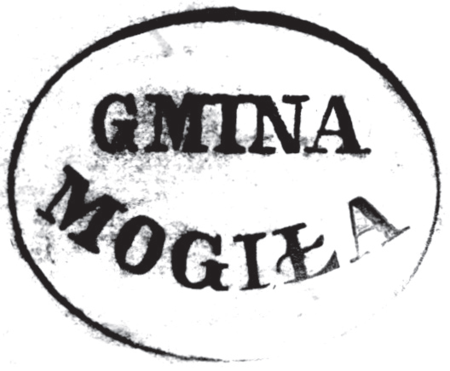 (1859)
Odciski pieczęci urzędowych Mogiły z lat
1847, 1859 i 1925 oraz odcisk pieczęci mogilskiego
obszaru dworskiego z 1889 roku
(Archiwum Narodowe w Krakowie,
sygn. WMK IX-45, nlb.;
sygn. 29/456/167, nlb.; sygn. PUZKr 53, nlb.;
sygn. K. Krak. op. 31, s. 1301)