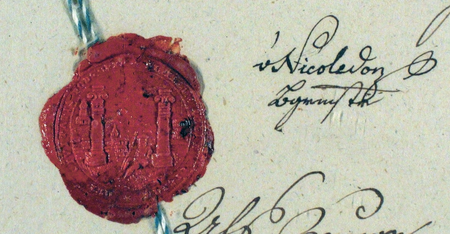 Z Tek Schneidera: zbliżenie podpisu Ignacego Nikoledona oraz pieczęci miejskiej z dokumentu z 1823 roku stanowiącego
układ pomiędzy Podgórzem a Marcinem Abrahamowiczem w sprawie rozliczeń należności względem miasta
(Archiwum Narodowe w Krakowie, sygn. T.Schn. 1253, s. 237)