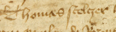 Z księgi przyjęć do prawa miejskiego w Krakowie obejmującej lata 1392−1422 strony 108–109 z wpisem z 1421 roku,
stwierdzającym przyjęcie do prawa miejskiego Tomasza Stelczera – oraz powiększenie zapisu imienia
(Archiwum Państwowe w Krakowie, sygn. rkps 1420, s. 108–109)