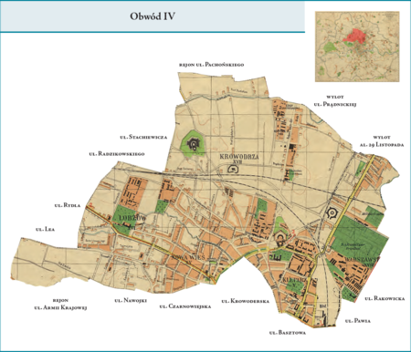 Obwód IV według stanu z roku 1941 na przywołanym wcześniej planie miasta z 1943 r. – dzielnica administracyjna obejmująca
w całości tereny dzielnic katastralnych V–Kleparz, XV–Nowa Wieś Narodowa, XVI–Łobzów i XVII–Krowodrza oraz w części
teren dzielnicy katastralnej XVIII–Warszawskie (pozostała część tej dzielnicy katastralnej wchodziła w obszar Obwodu V).
Granice tego Obwodu w zasadzie odpowiadały granicom Obwodu IV z poprzedniego podziału wewnętrznego miasta, istotniejsze
różnice dotyczyły terenów dworca kolejowego (teraz w granicach tego Obwodu, włączone z dawnego Obwodu V) oraz terenów między
ul. Rakowicką i al. Beliny-Prażmowskiego (dawniej w granicach Obwodu IV, teraz przydzielone do Obwodu V).
Użyte przy powyższym planie obwodu nazwy terenowe podano według nazewnictwa obowiązującego aktualnie.