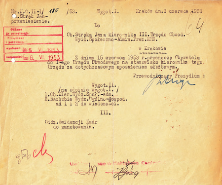Z akt prezydialnych dokument z roku 1953 – podpisane przez przewodniczącego Prezydium Miejskiej
Rady Narodowej Marcina Waligórę przeniesienie kierownika Jana Stręka z Urzędu Obwodowego III
do Urzędu Obwodowego I z zachowaniem dotychczasowego kierowniczego stanowiska
(Archiwum Zakładowe Urzędu Miasta Krakowa)