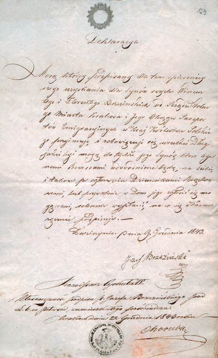 Z akt emigracyjnych Wydziału Spraw Wewnętrznych i Policji dokument z 1843 r.
z poświadczeniem podpisu dokonanym przez komisarza Fortunata Chorubskiego
(Archiwum Narodowe w Krakowie, sygn. WMK VI-63, s. 123)