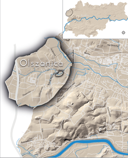 Orientacyjna lokalizacja dawnej wsi Olszanica w obecnych granicach Krakowa – na planie miasta oznaczono jej położenie
w kształcie wyznaczonym granicami jednostki katastralnej, jaką stanowiła, ze wskazaniem najstarszego, historycznego centrum
Olszanicy w rejonie Potoku Olszanickiego, dopływu Rudawy